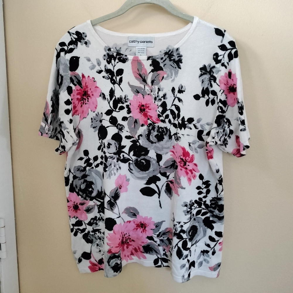 Cathy Daniels Short Sleeve Floral Pink Black Gray Top Shirt L Stretch Office